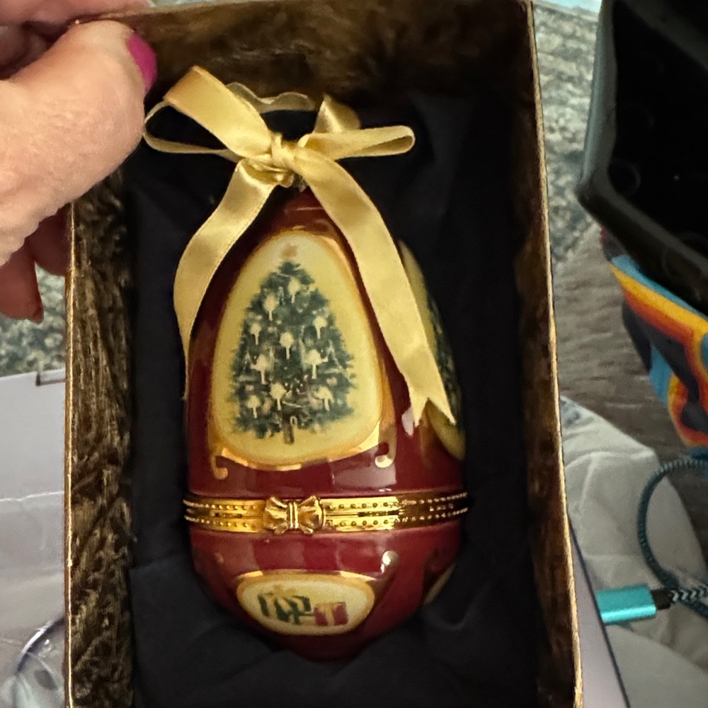 Hand-Painted Red and Gold Ceramic Christmas Egg Ornament